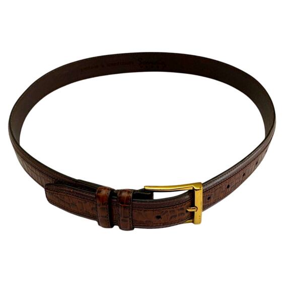 Vintage Belt sz Medium Brown Genuine Leather Crocodile Gold Buckle Scandia Woods - Picture 1 of 13